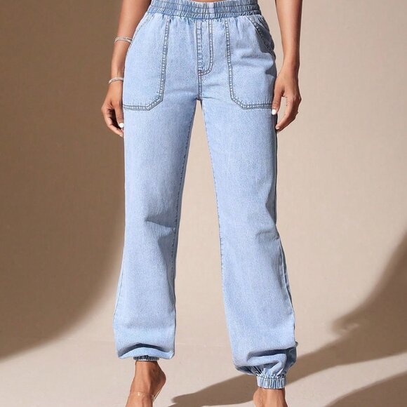 Blue Casual Womens Elastic Waist Jogger Jeans - Picture 6 of 6